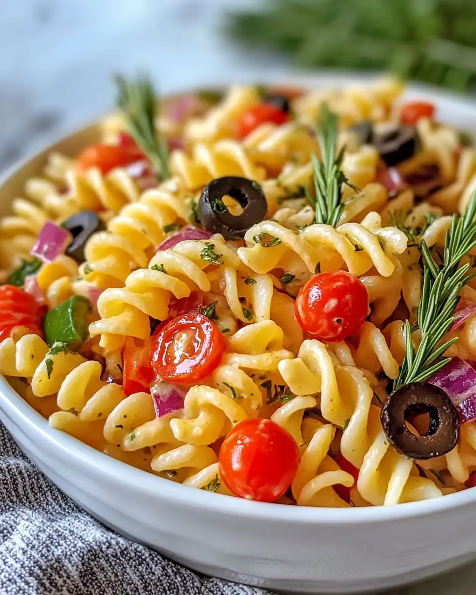 Final plated pasta salad with fresh vegetables and crumbled feta cheese
