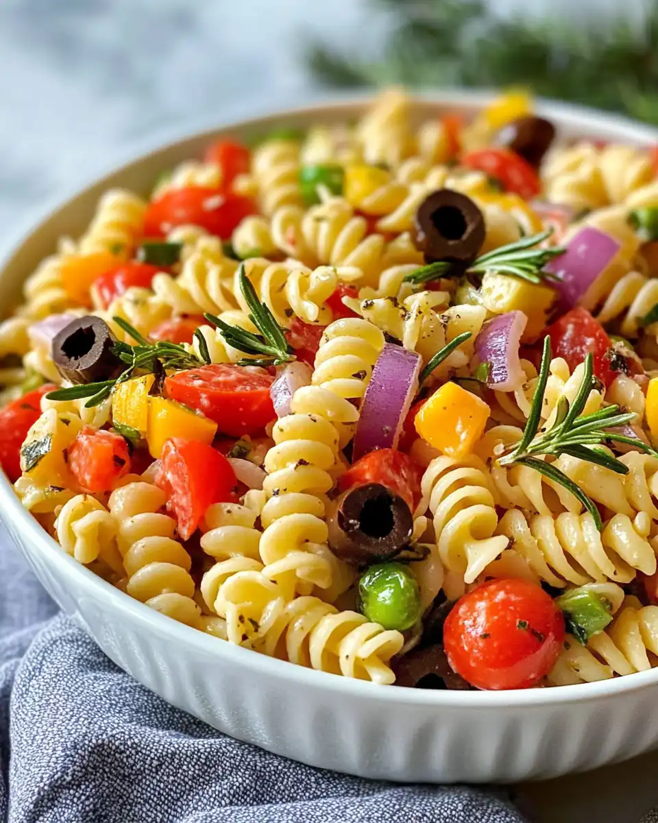 Freshly prepared pasta salad in a bowl with colorful vegetables and feta cheese