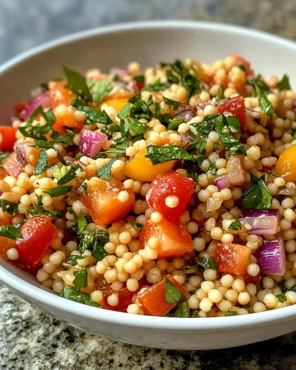Finished summer couscous salad served in a bowl