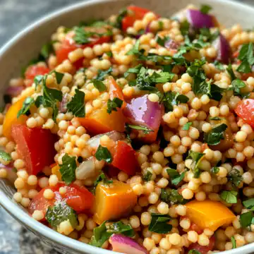 Best Summer Couscous Salad taken with iphone 15 pro max --iw 2 --ar 4:5 --v 6.1 --raw