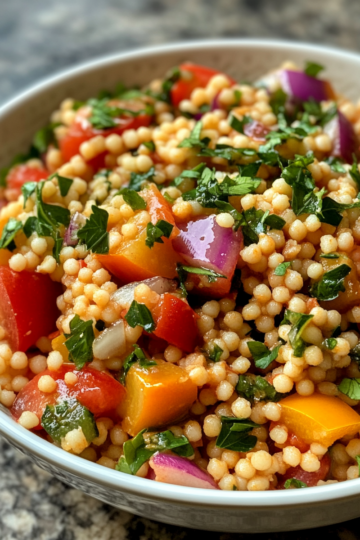 Best Summer Couscous Salad taken with iphone 15 pro max --iw 2 --ar 4:5 --v 6.1 --raw
