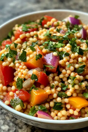 Best Summer Couscous Salad taken with iphone 15 pro max --iw 2 --ar 4:5 --v 6.1 --raw