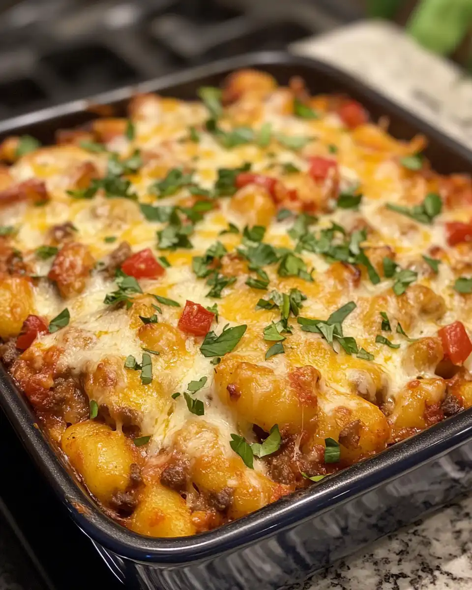 Final plated taco gnocchi bake with melted cheddar cheese and toppings