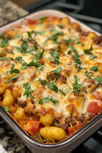 Best Taco Gnocchi Bake taken with iphone 15 pro max --iw 2 --ar 4:5 --v 6.1 --raw