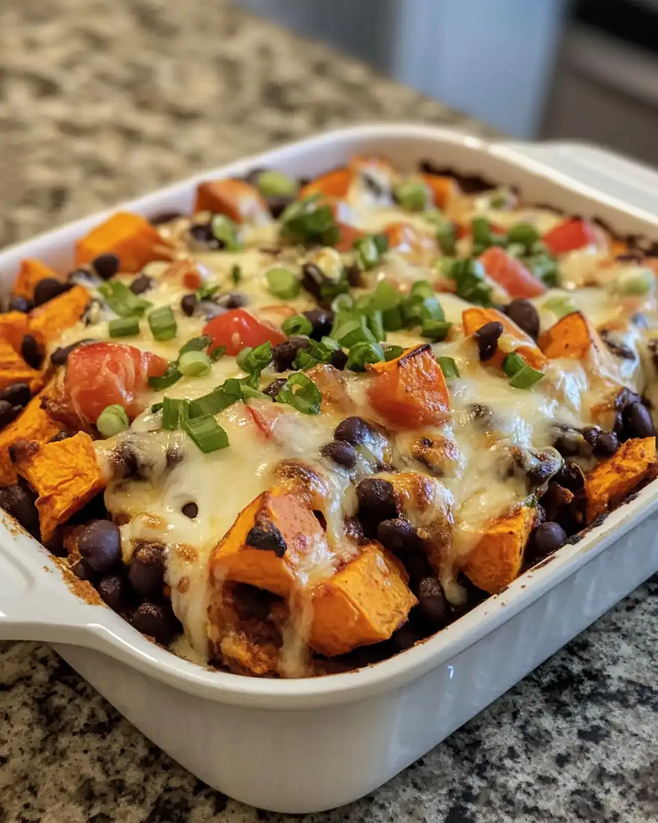 Layering ingredients including sweet potatoes, black beans, and spices on baking dish