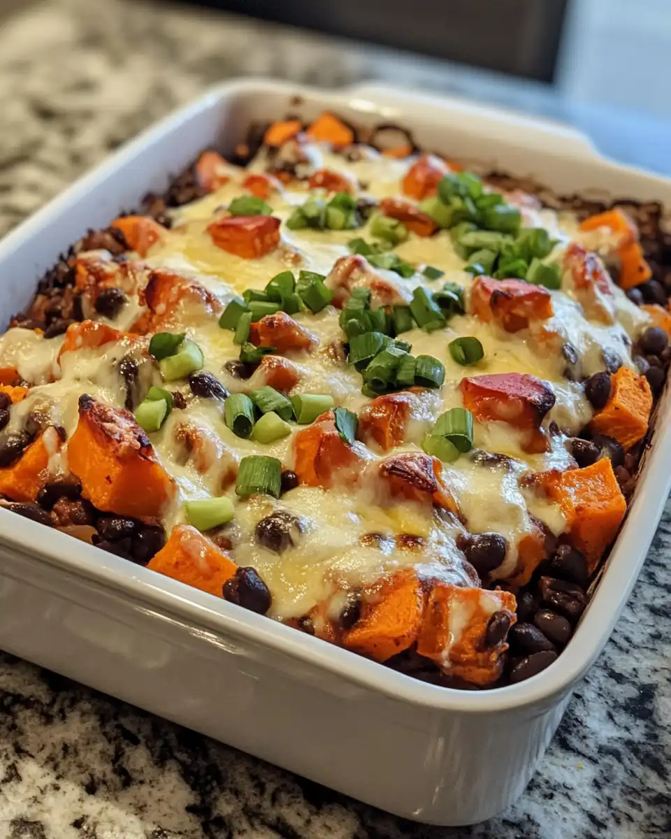 Finished black bean and sweet potato bake served on plate garnished with cilantro