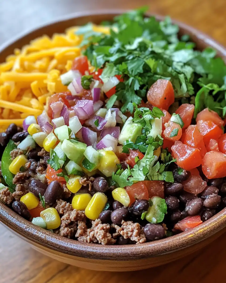 Plated black bean taco salad showing creamy dressing and vibrant colors