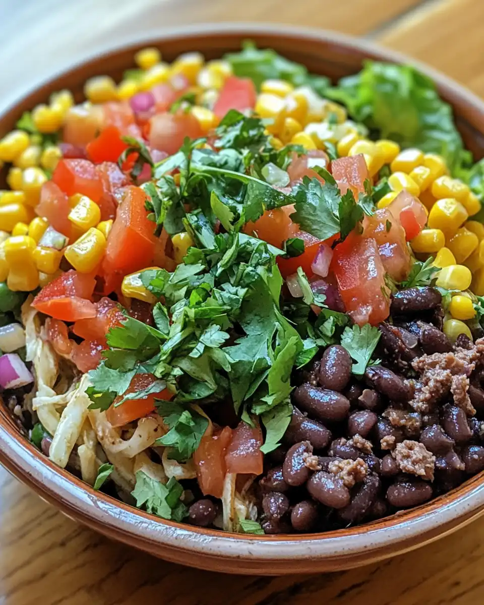 Close up of black bean taco salad in a bowl showcasing fresh ingredients and creamy dressing