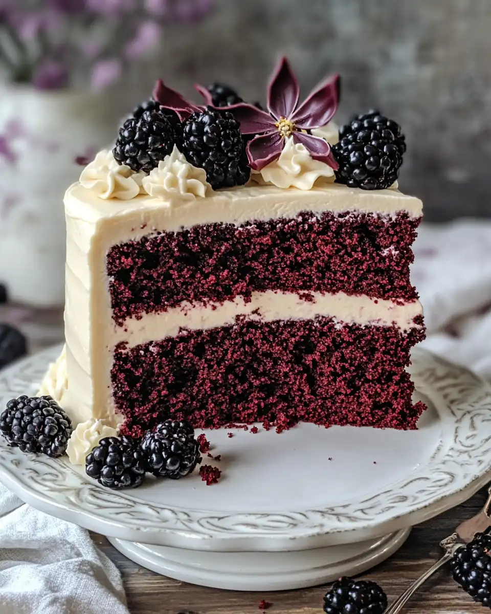 Ingredients for Spooky Black Velvet Halloween Cake including fresh blackberries and lemon