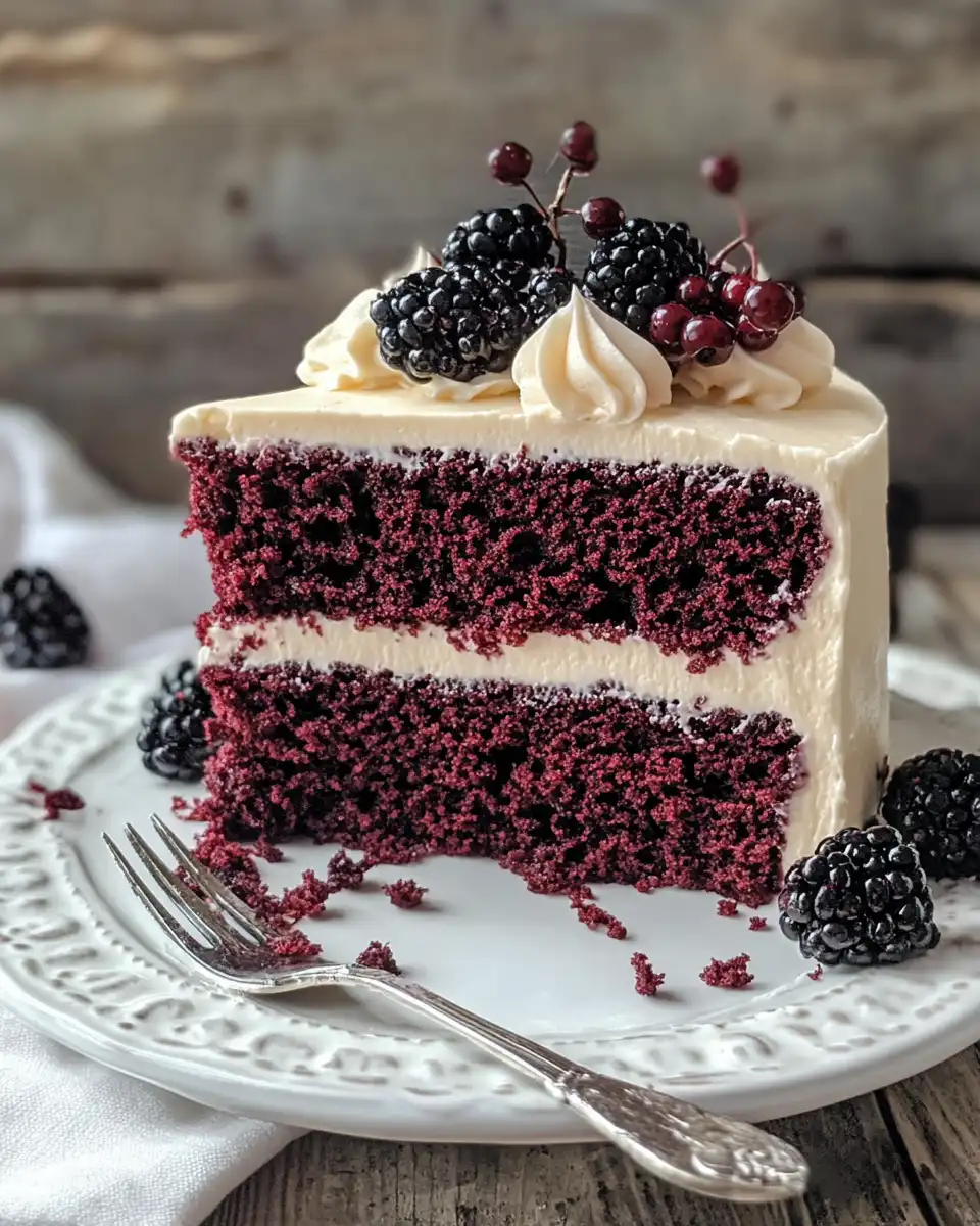 Sliced Spooky Black Velvet Halloween Cake decorated with chocolate skulls and fresh blackberries