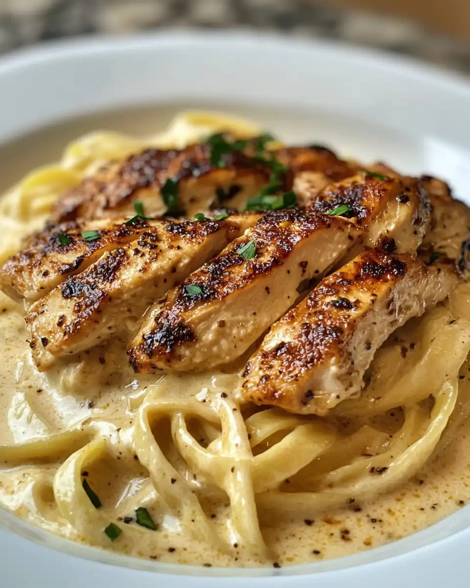 Final plated Blackened Cajun Chicken Alfredo with creamy sauce and sliced chicken on top