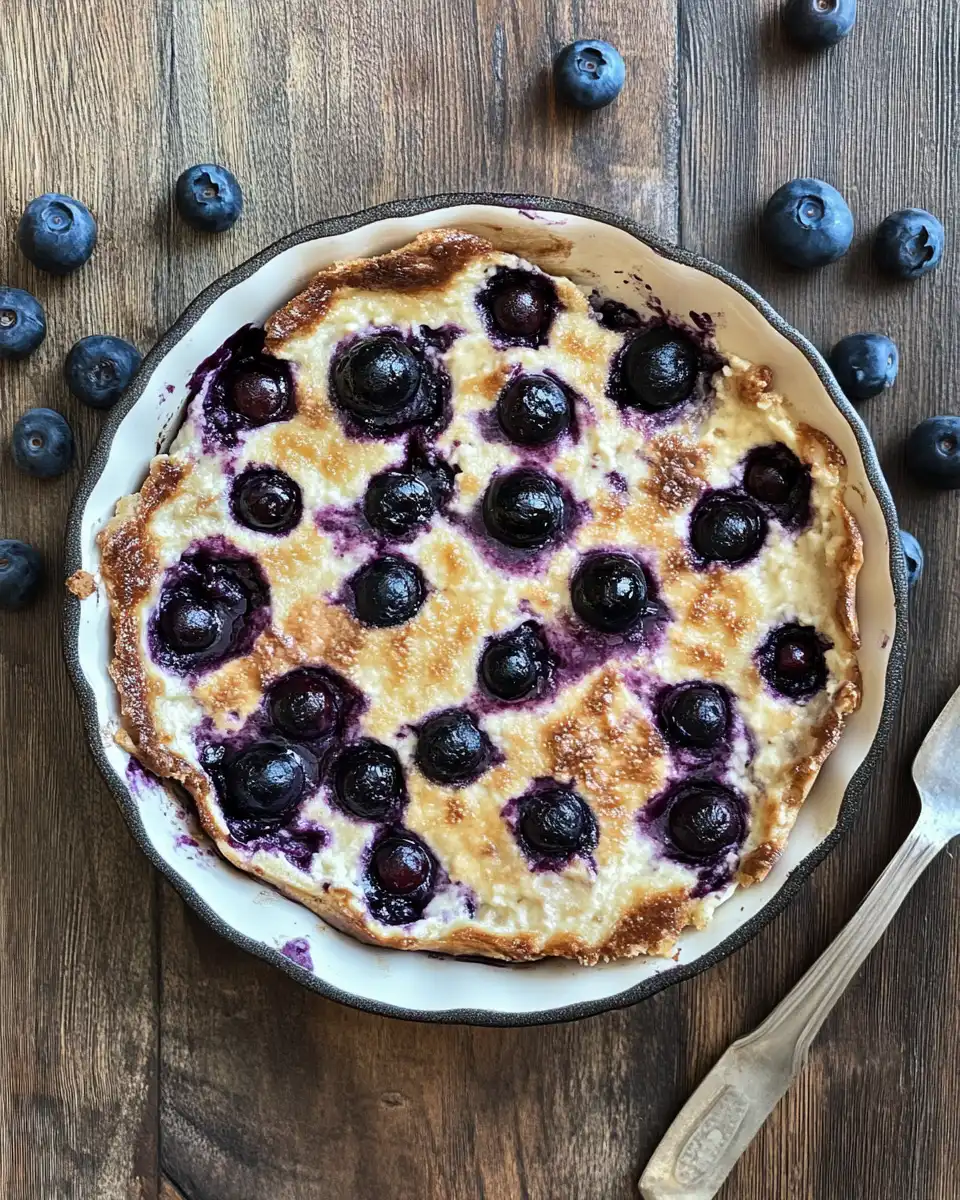 Serving slice of blueberry cottage cheese breakfast bake served warm on plate