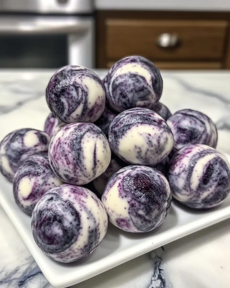 Serving chilled blueberry swirl yogurt bites on a plate