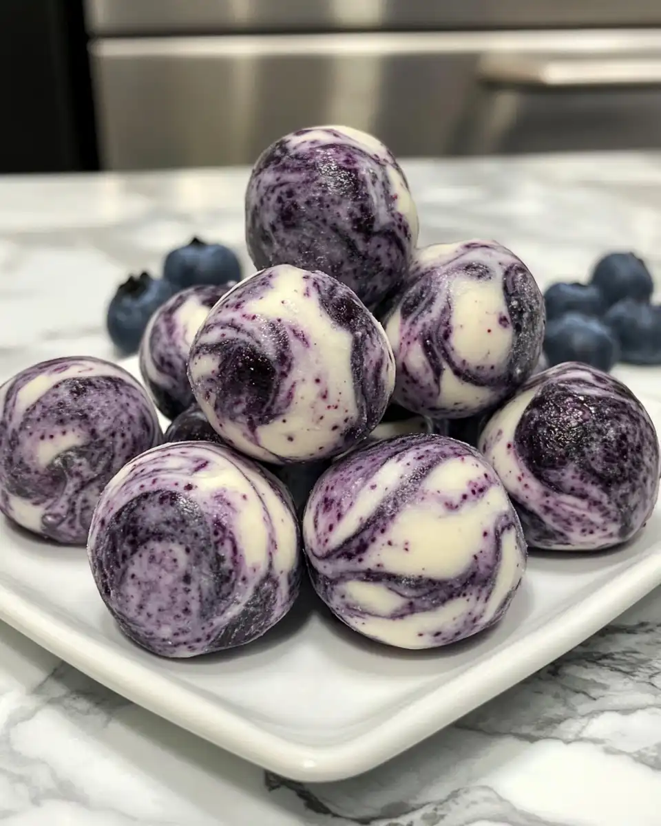 Freshly blended blueberry swirl yogurt bites in a glass container