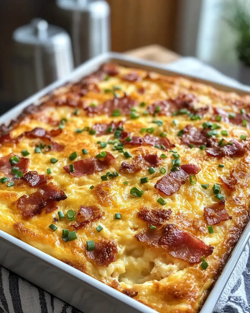 Ingredients for breakfast casserole with bacon including eggs, bread cubes, bacon, and cheese