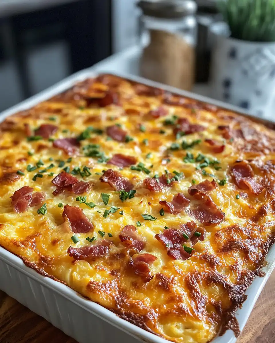 Final baked breakfast casserole slice with melted cheese and crispy bacon