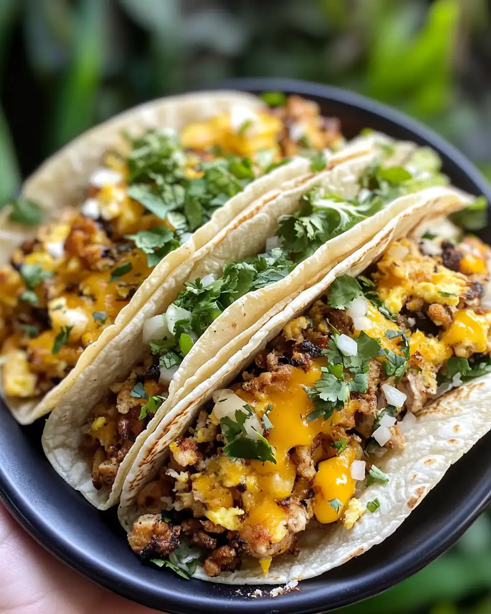 Finished breakfast tacos served with cheddar and avocado