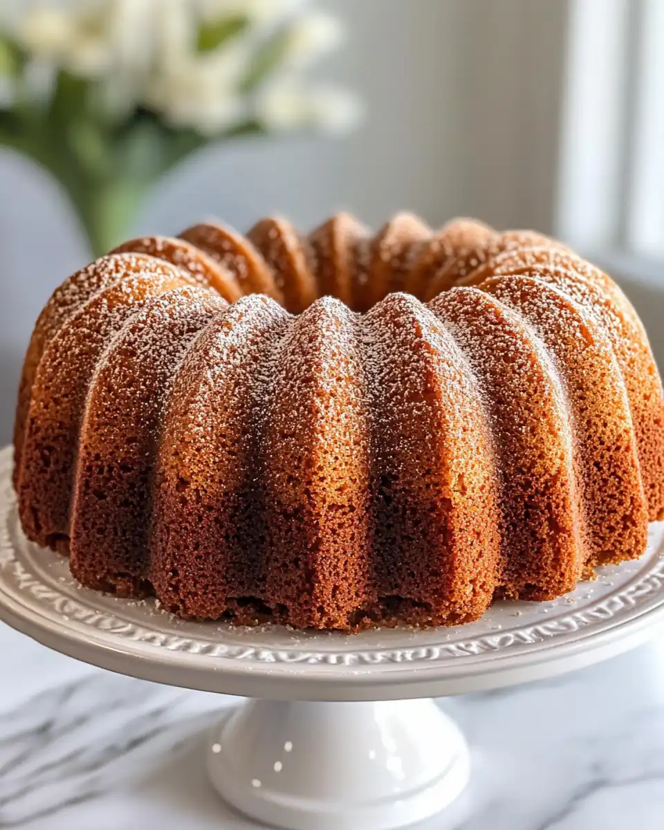 Slice of Brown Butter Apple Cider Bundt Cake plated with cinnamon sugar butter drizzle
