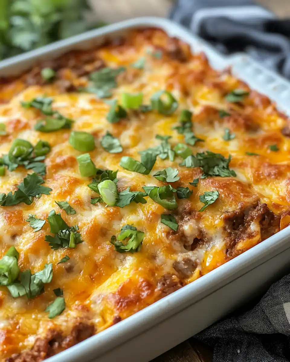 Ingredients and biscuit base layered in a baking dish for taco bubble up casserole
