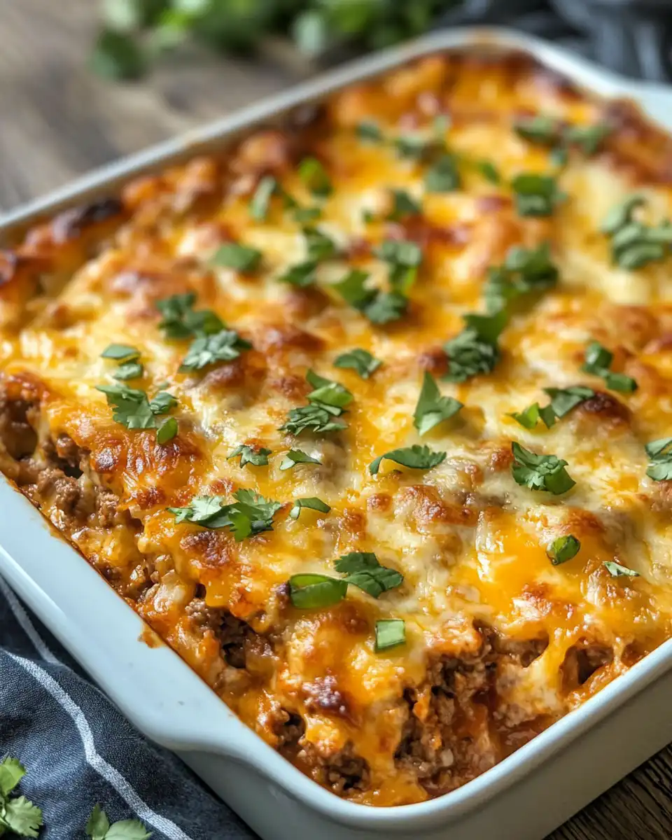 Final baked taco bubble up casserole served with fresh toppings