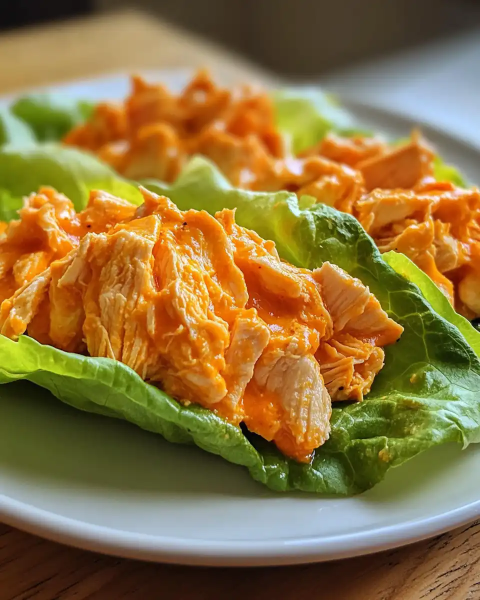 Plated buffalo chicken lettuce wraps with ranch and blue cheese toppings