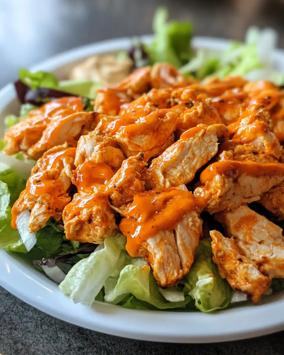 Finished buffalo chicken salad served on bed of arugula