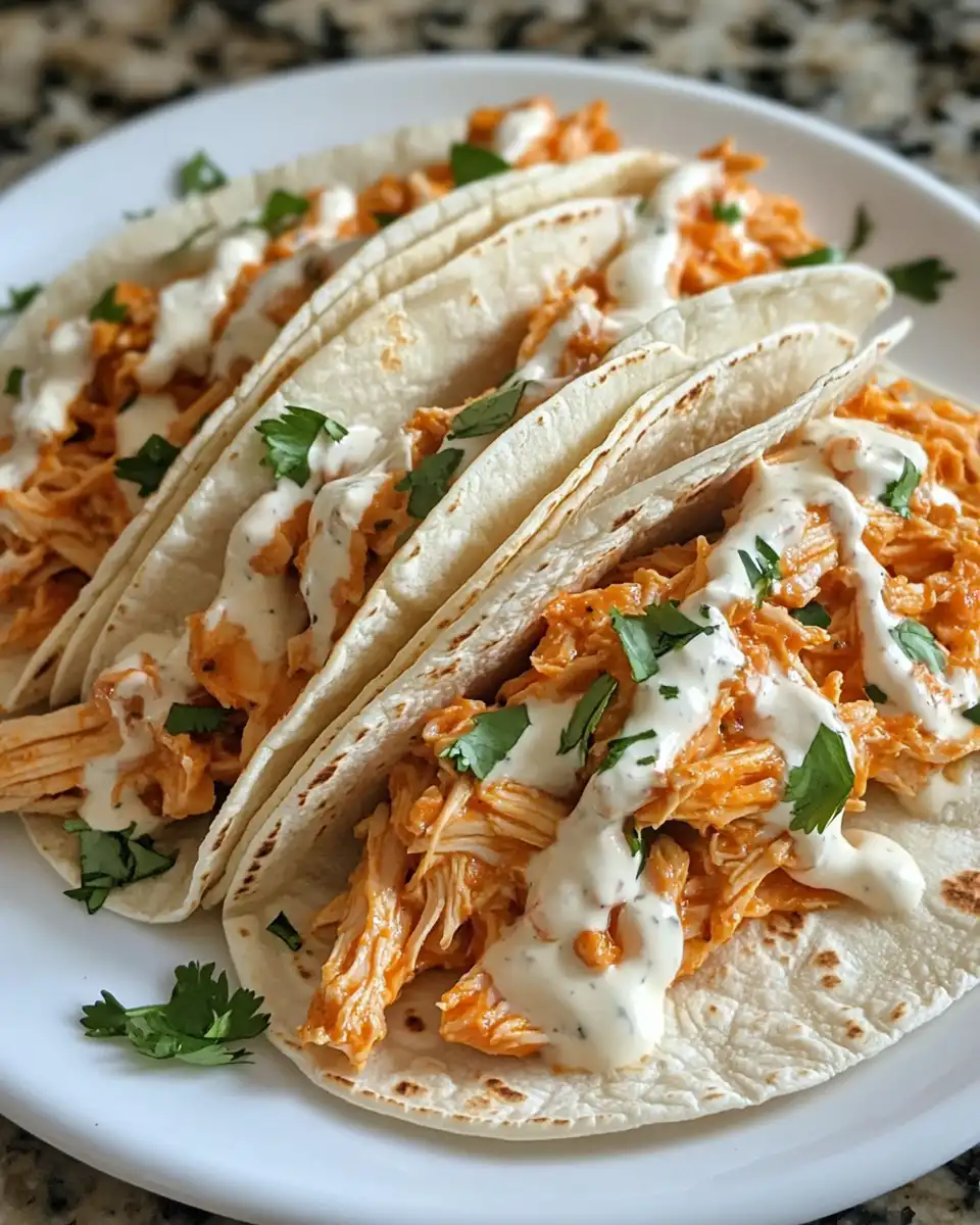 Buffalo chicken tacos fully assembled and ready to serve