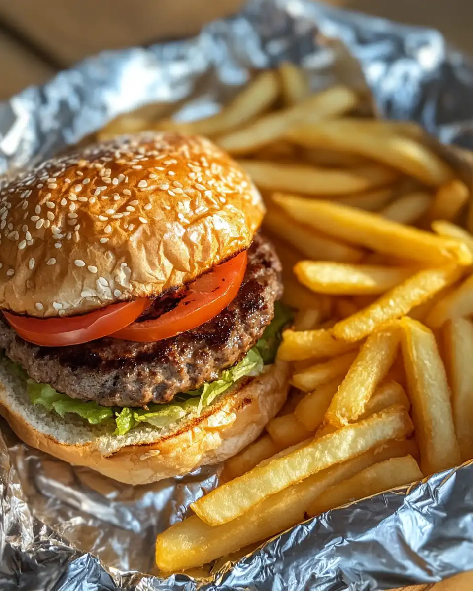 Finished foil packet burger dinner served on plate with vegetables and sauce