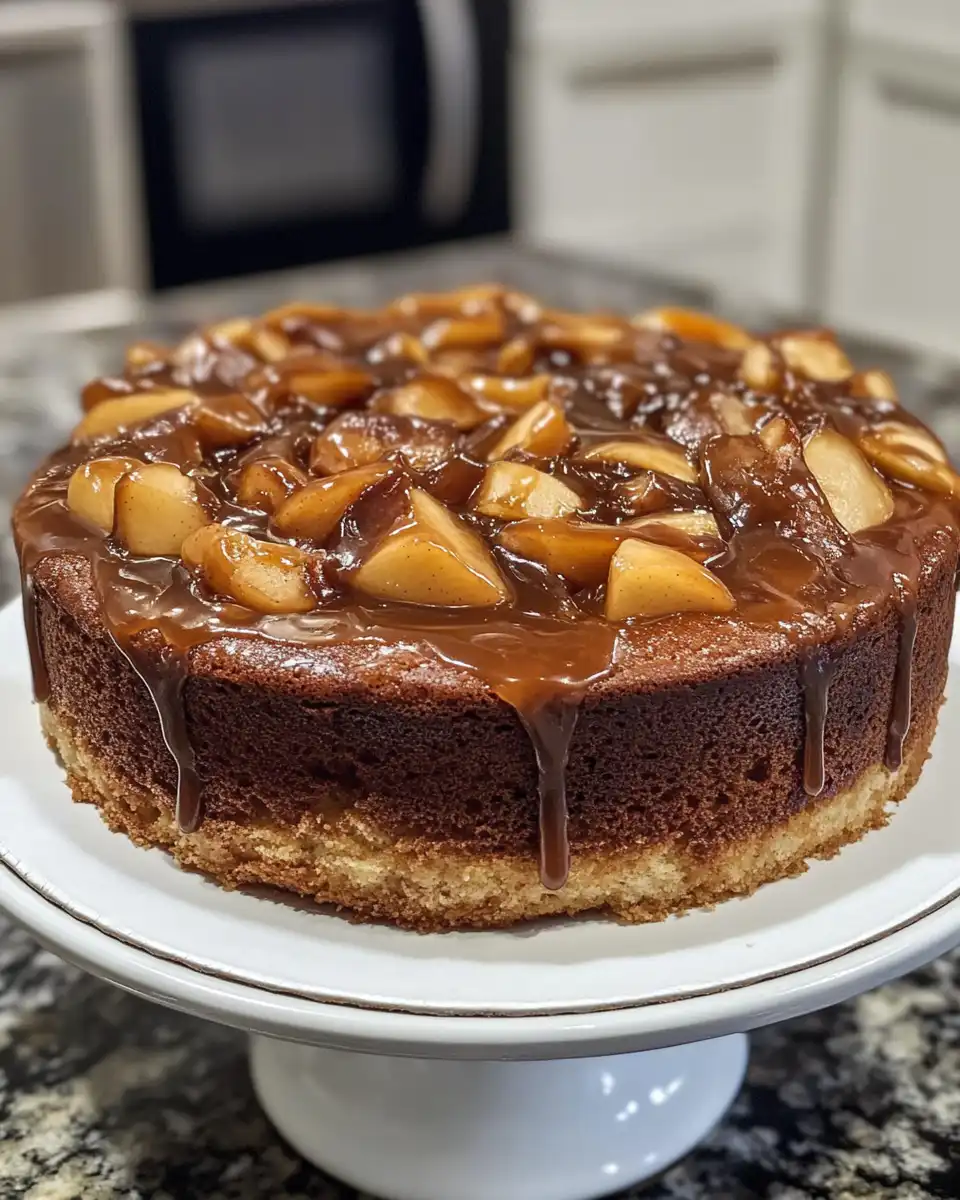 Final caramel apple cheesecake coffee cake with caramel sauce drizzling over