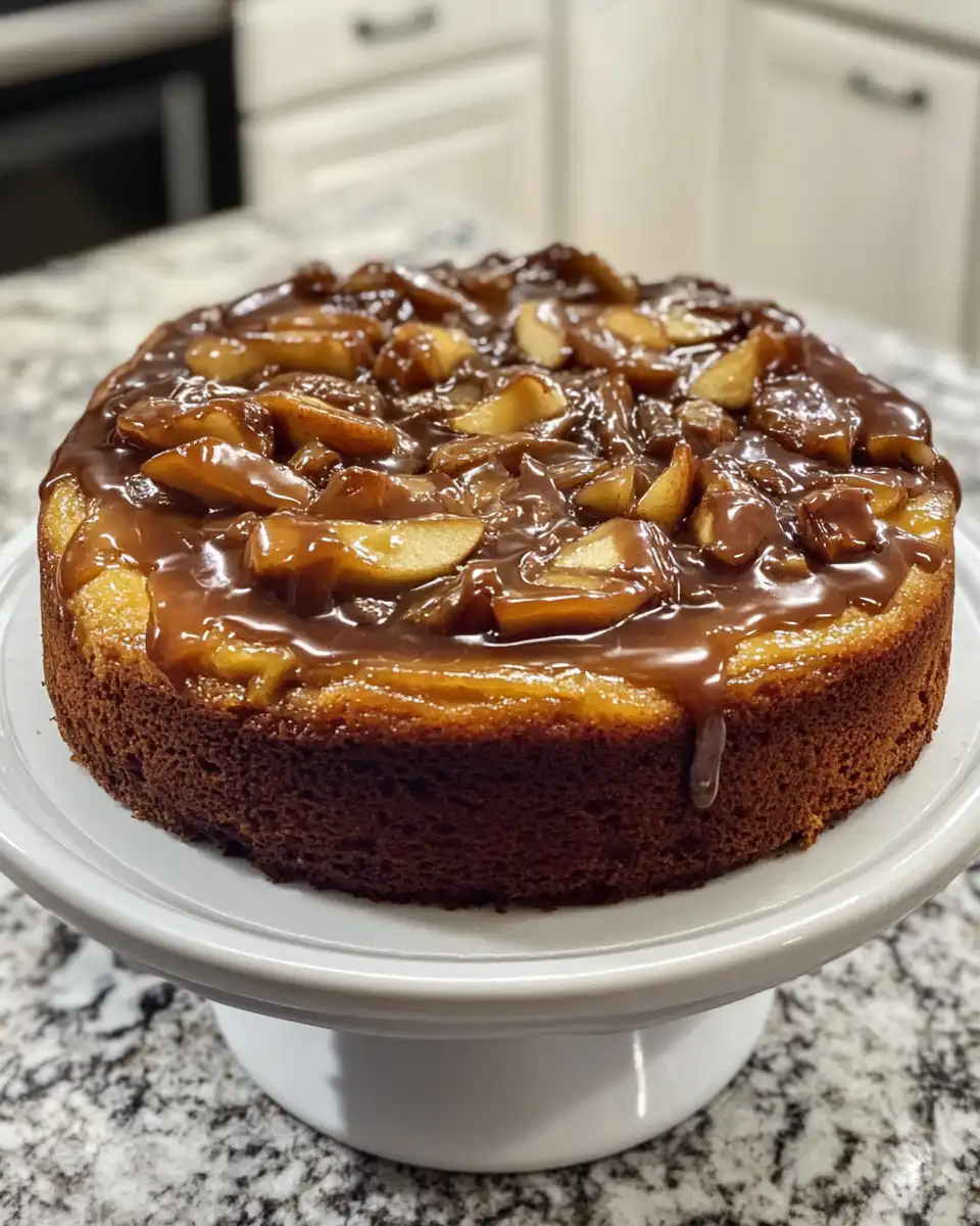 Close-up of caramel apple cheesecake coffee cake with apple cider glaze