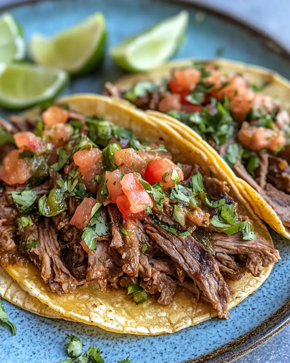 Final plated carne asada crockpot tacos with toppings and warm tortillas