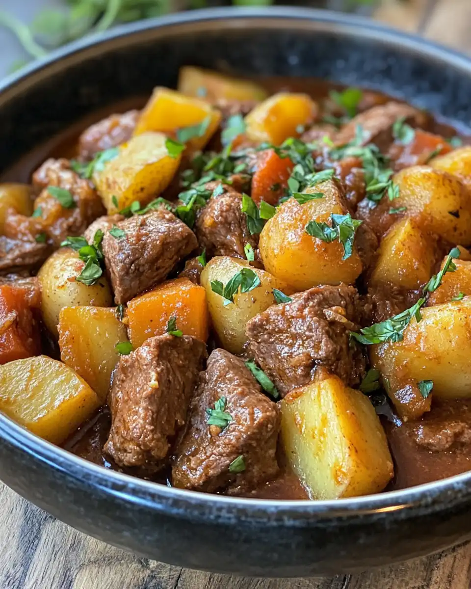 Ingredients for carne con papas including garlic, onion, potatoes, and beef