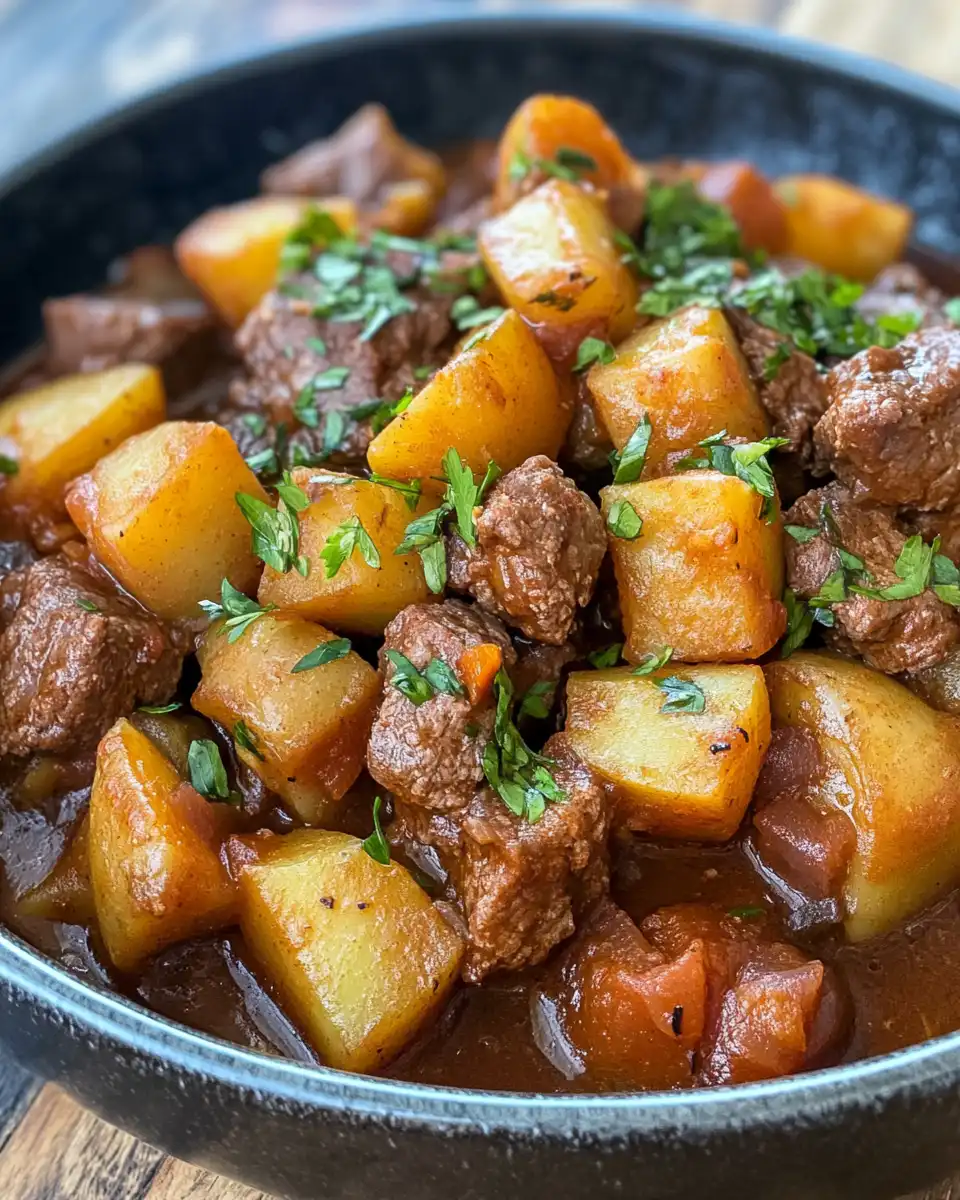 Cooking carne con papas mixture simmering in pressure cooker