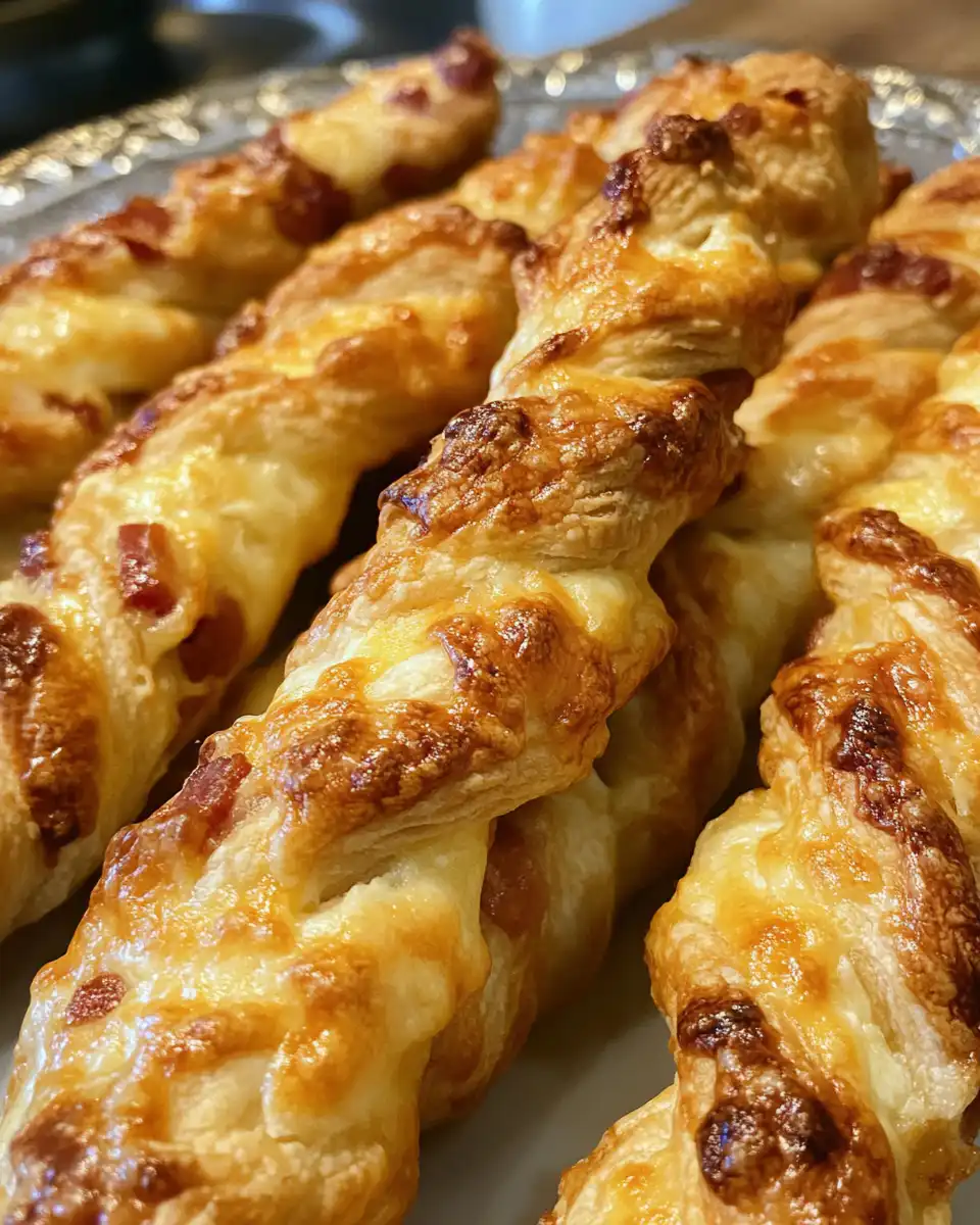 Golden crispy cheese and bacon twists plated and ready to serve