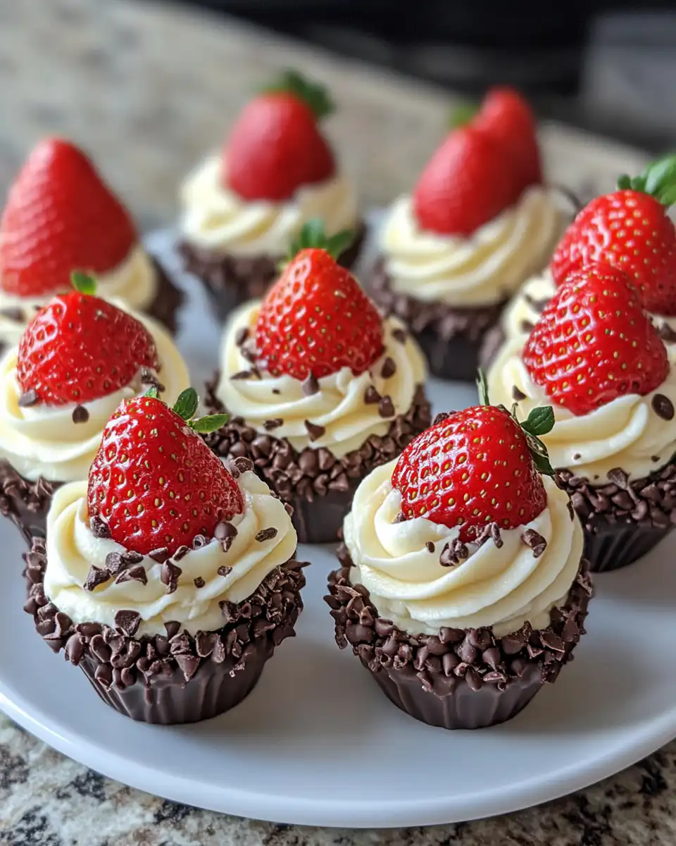 Chocolate dipped cheesecake stuffed strawberries ready to serve chilled