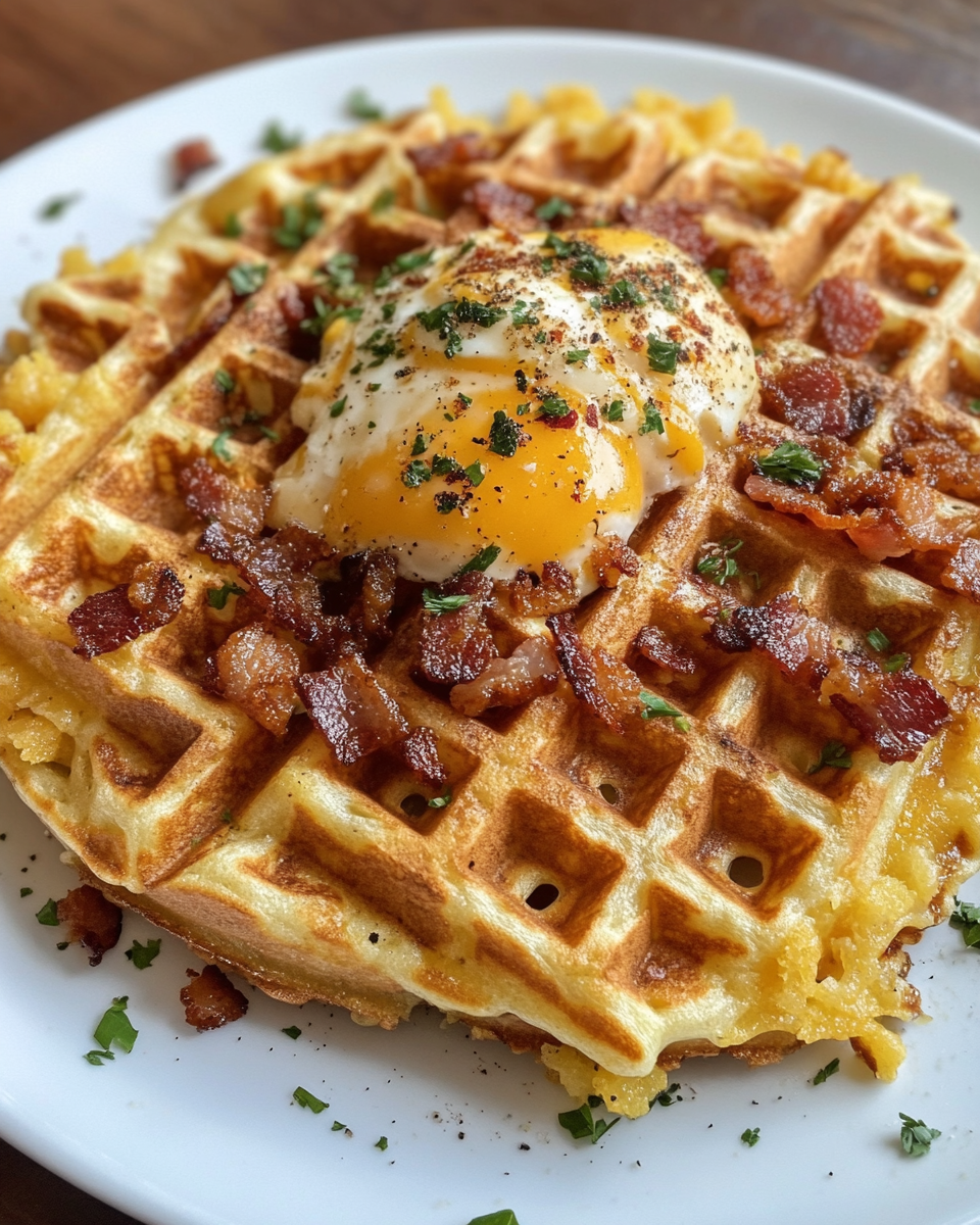 Ingredients for cheesy bacon hashbrown waffles mixed in a bowl