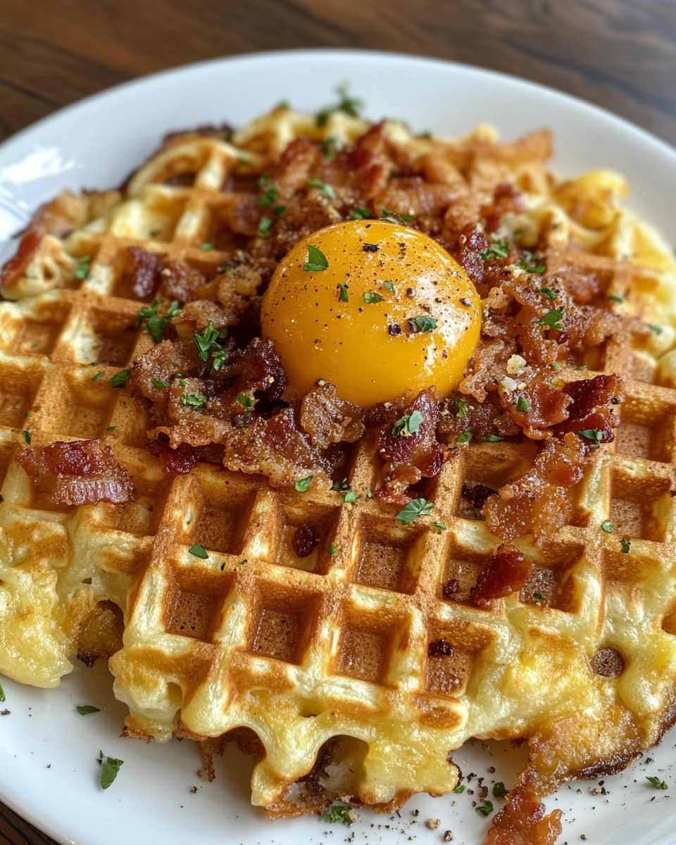 Golden crispy cheesy bacon hashbrown waffles on a plate ready to serve