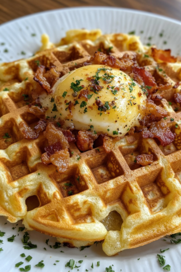 Cheesy Bacon Hashbrown Waffles taken with iphone 15 pro max --iw 2 --ar 4:5 --v 6.1 --raw