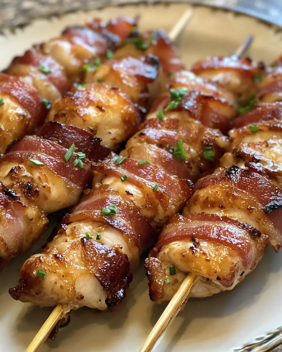 Finished crispy and juicy bacon wrapped chicken bites ready to serve