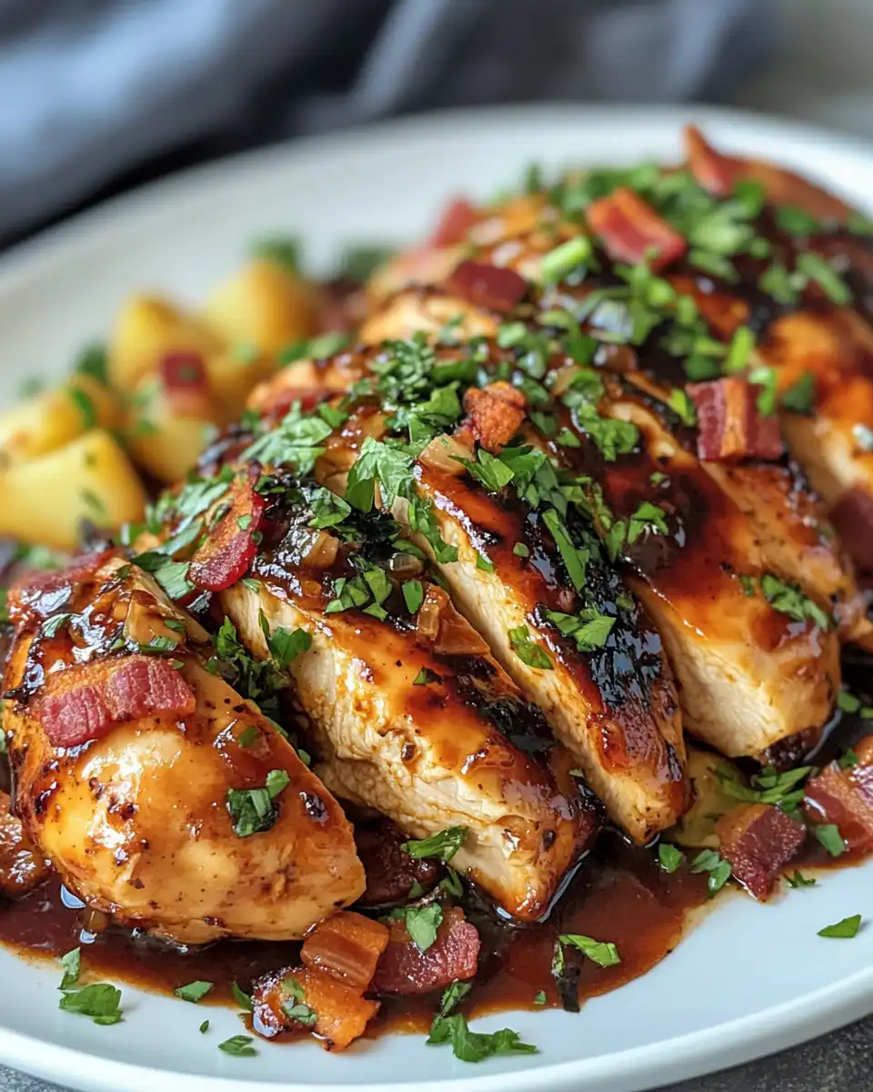 Final baked cheesy BBQ chicken with potatoes and melted cheese served hot