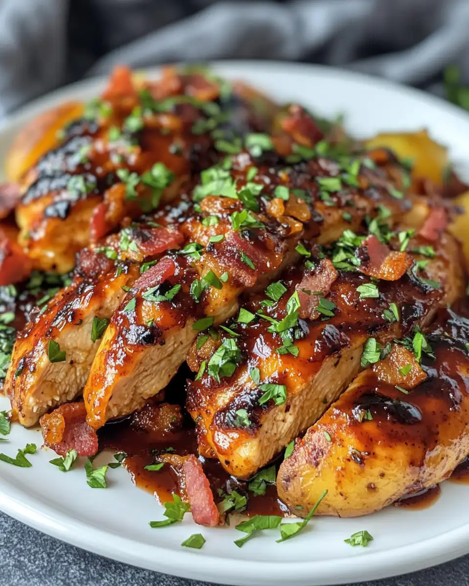 Close-up of cheesy BBQ chicken with potatoes and bacon in pressure cooker