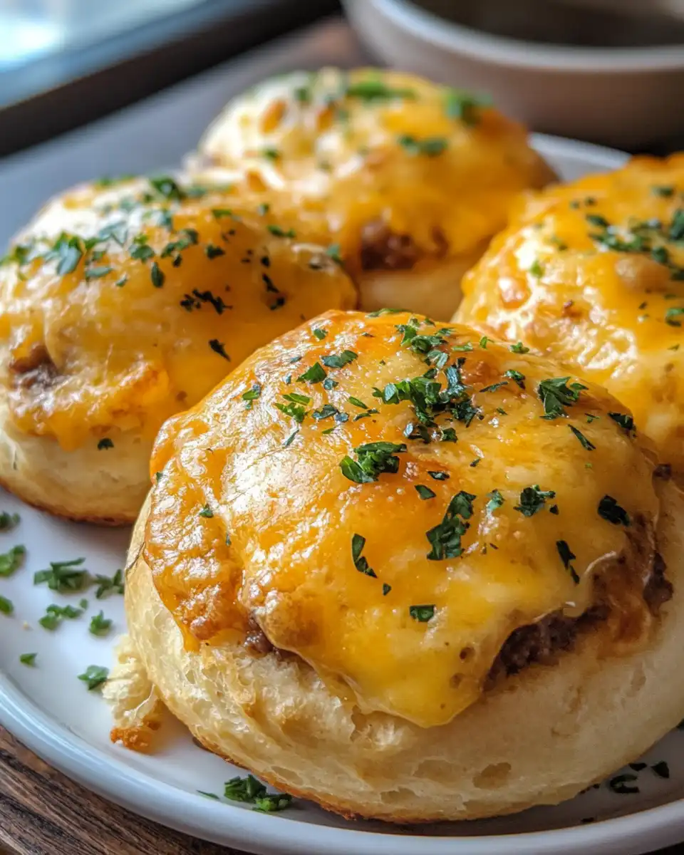 Golden brown cheesy beef biscuit bombs served on a platter ready to eat