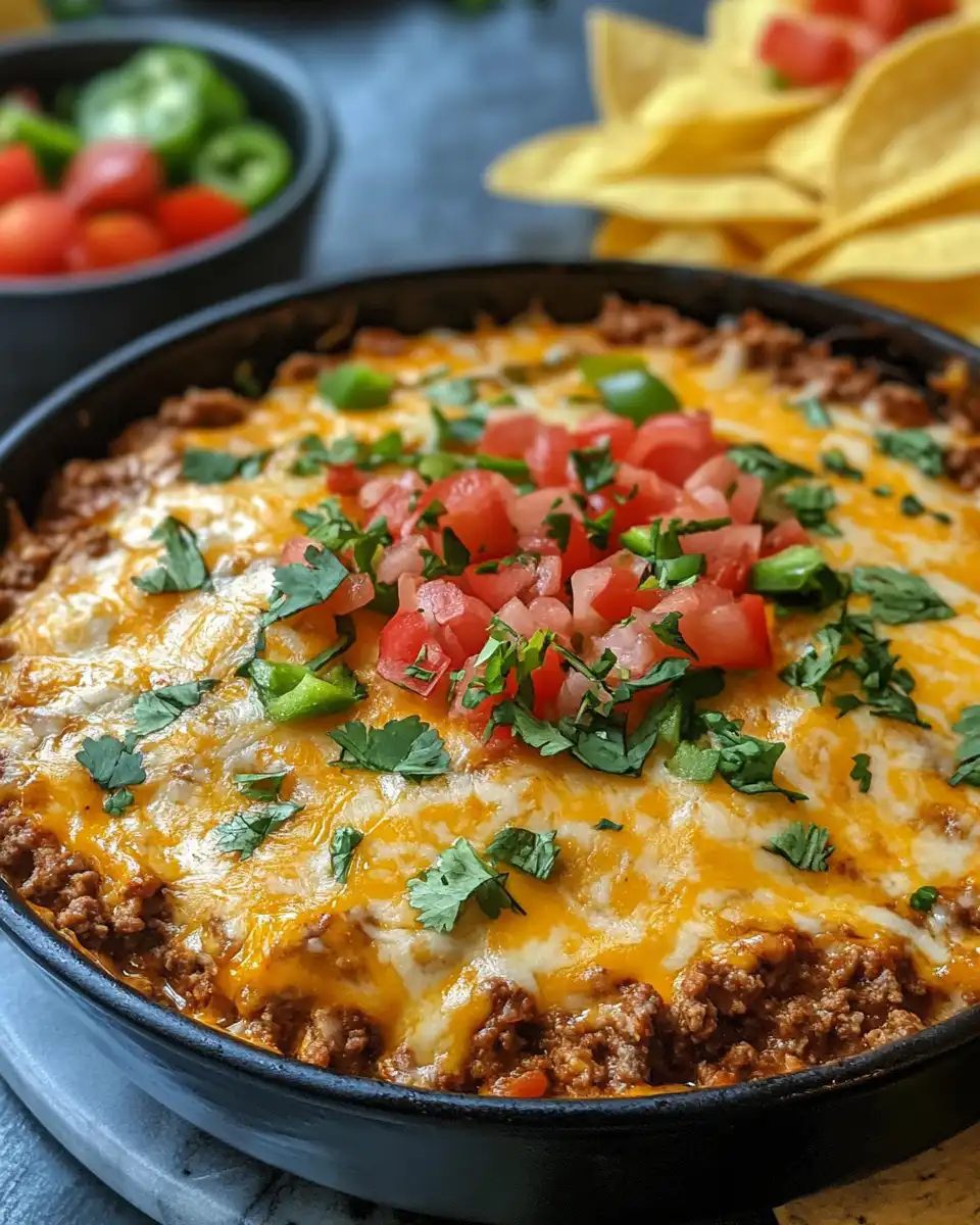 Ingredients for creamy taco dip including seasoned meat, cream cheese, salsa, and shredded cheese