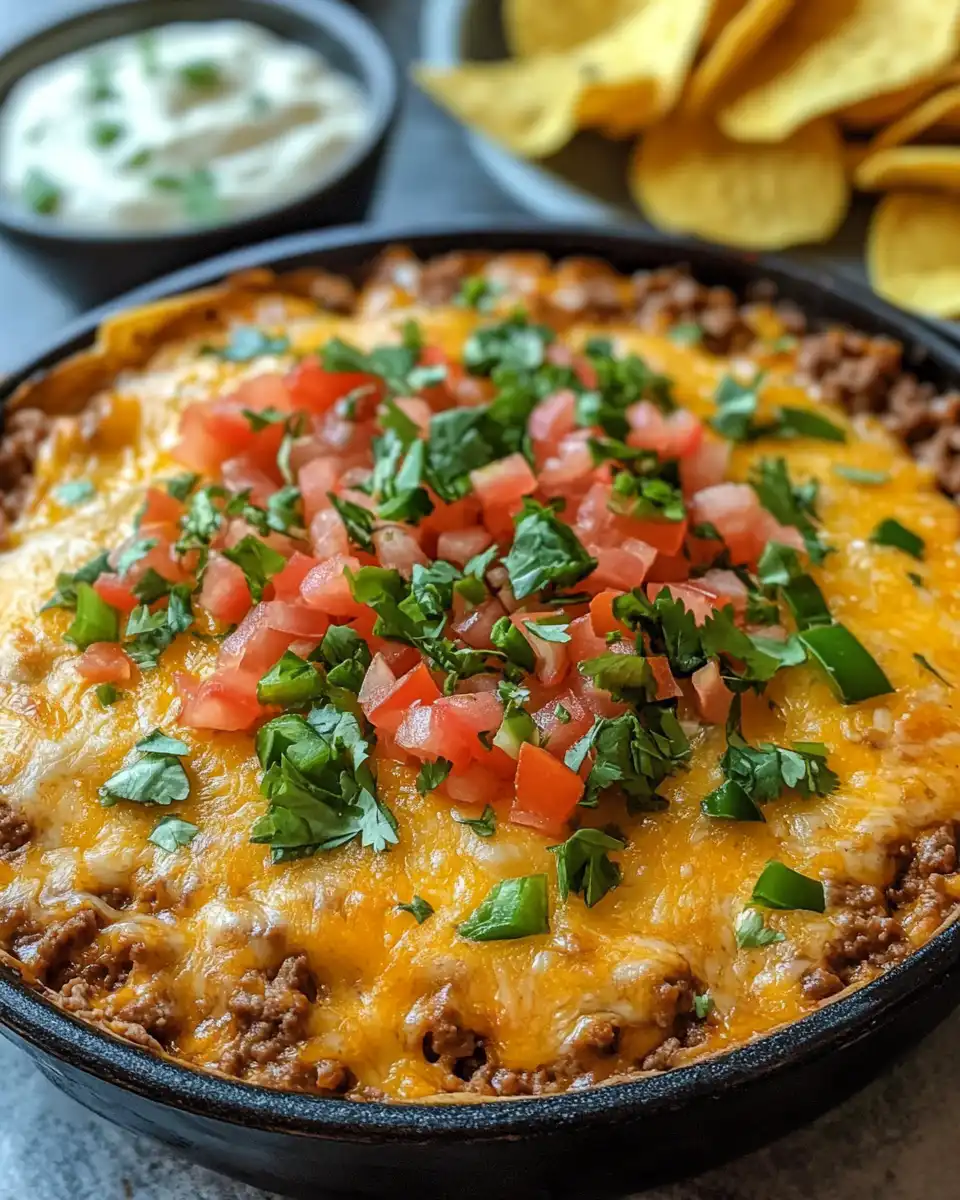 Final cheesy beef taco dip hot and ready to serve
