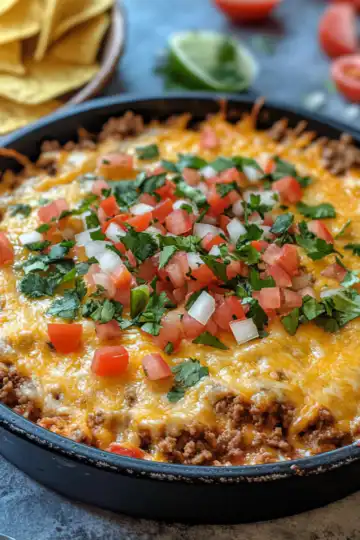 Cheesy Beef Taco Dip taken with iphone 15 pro max --iw 2 --ar 4:5 --v 6.1 --raw