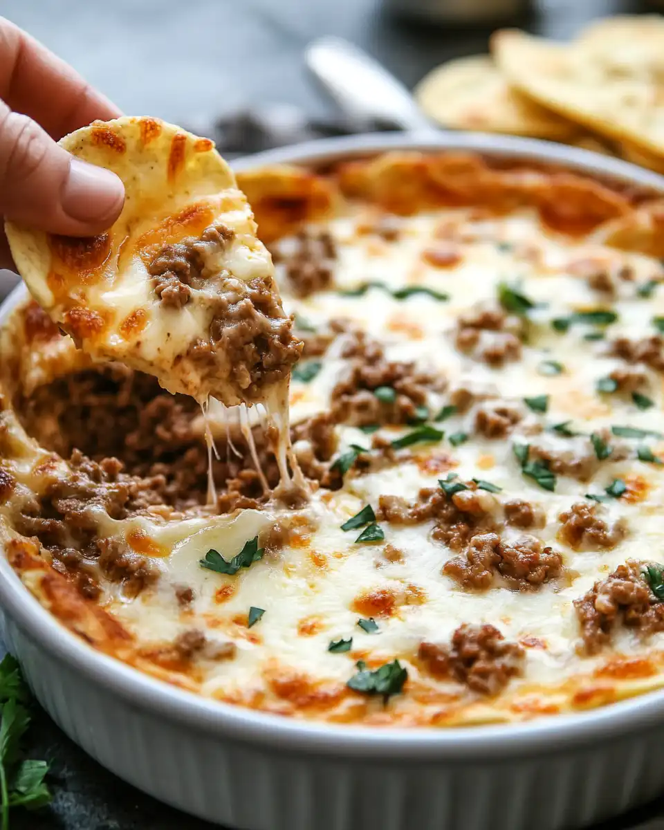 Ingredients for cheesy ground beef dip including ground beef, cream cheese and cheddar cheese