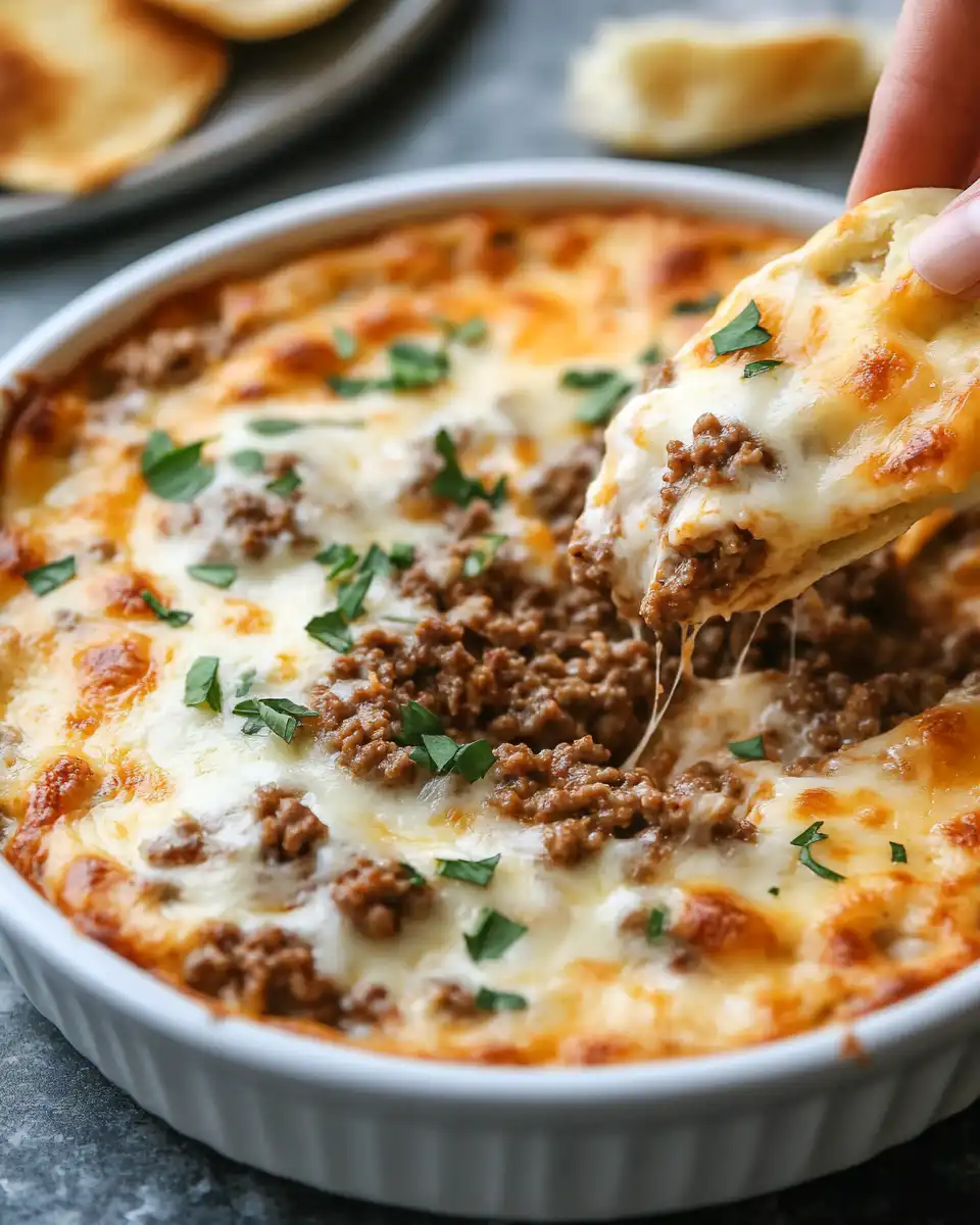 Cheesy ground beef dip in baking dish bubbling and hot