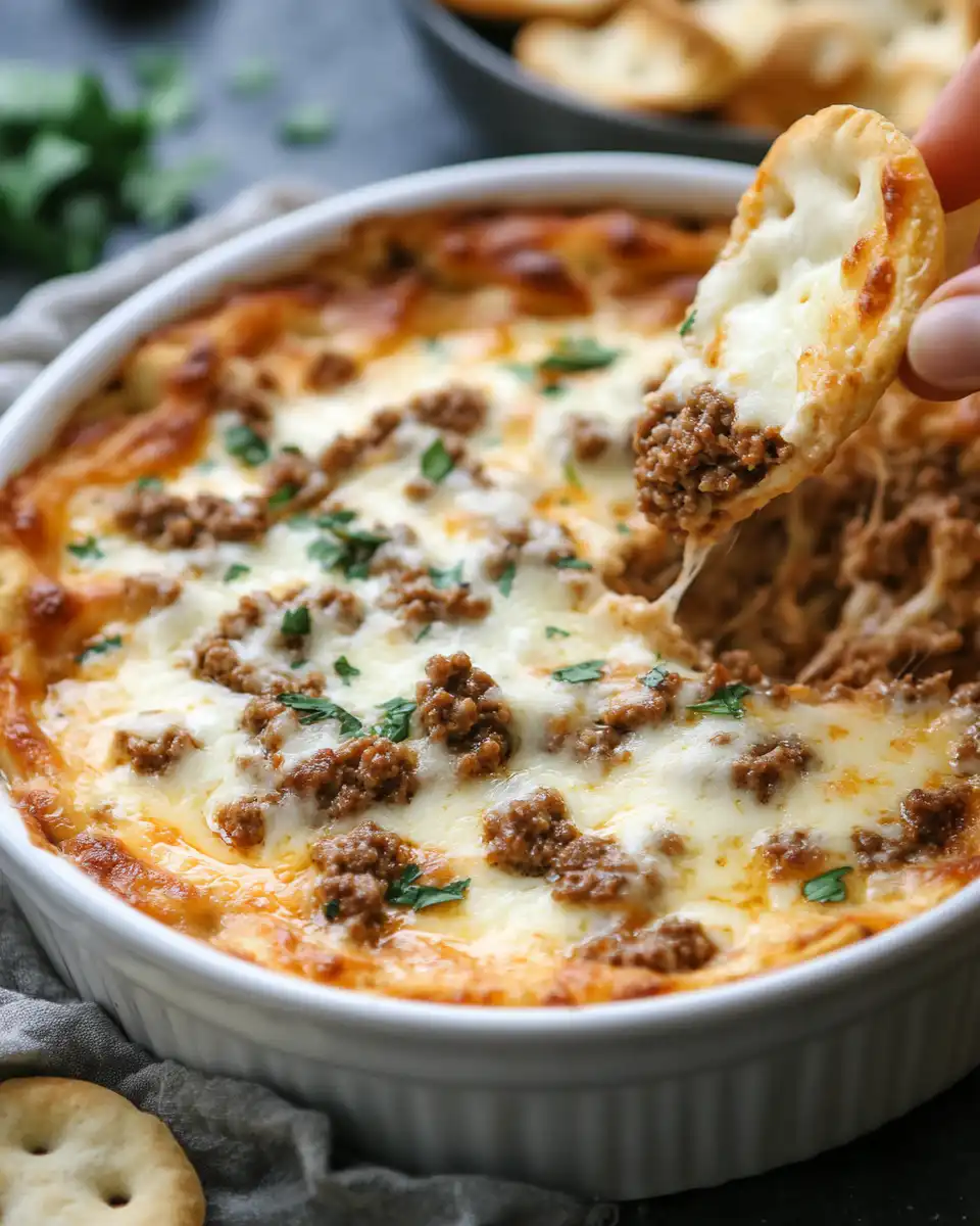 Close up of cheesy ground beef dip cooking in the pressure cooker, steam visible