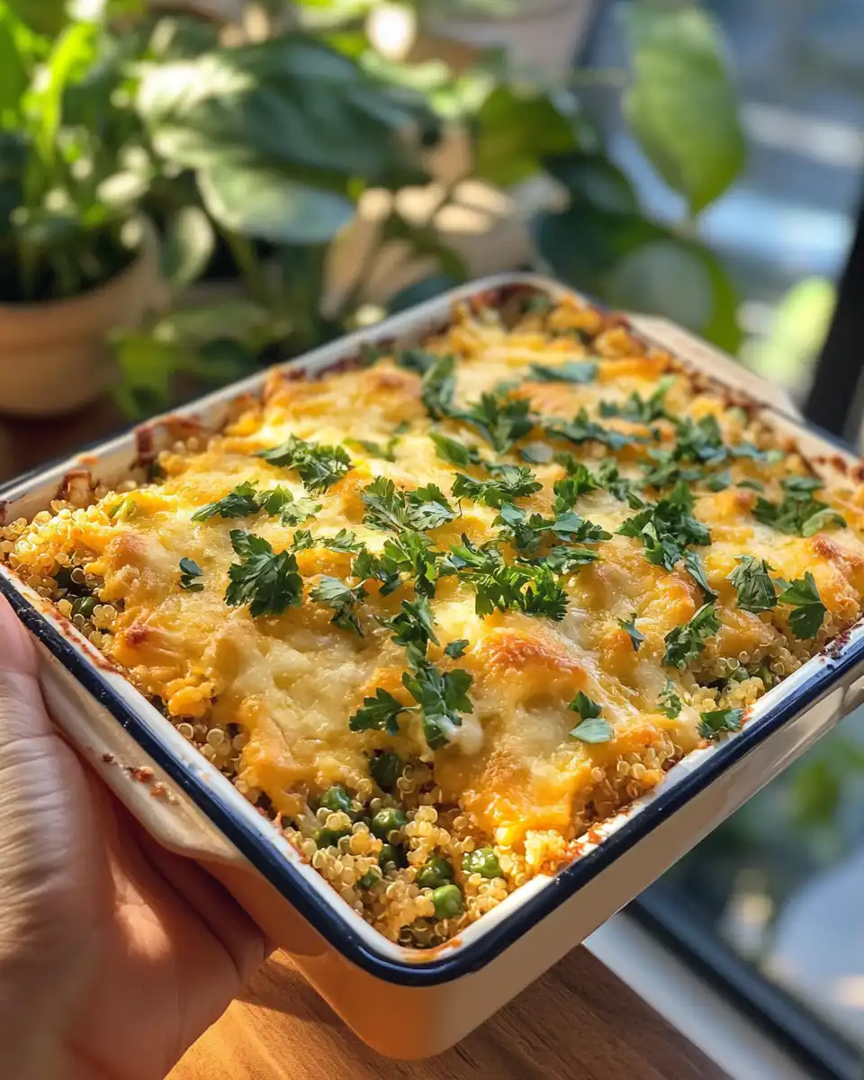 Ingredients including quinoa, vegetable broth, and cheese for quinoa casserole