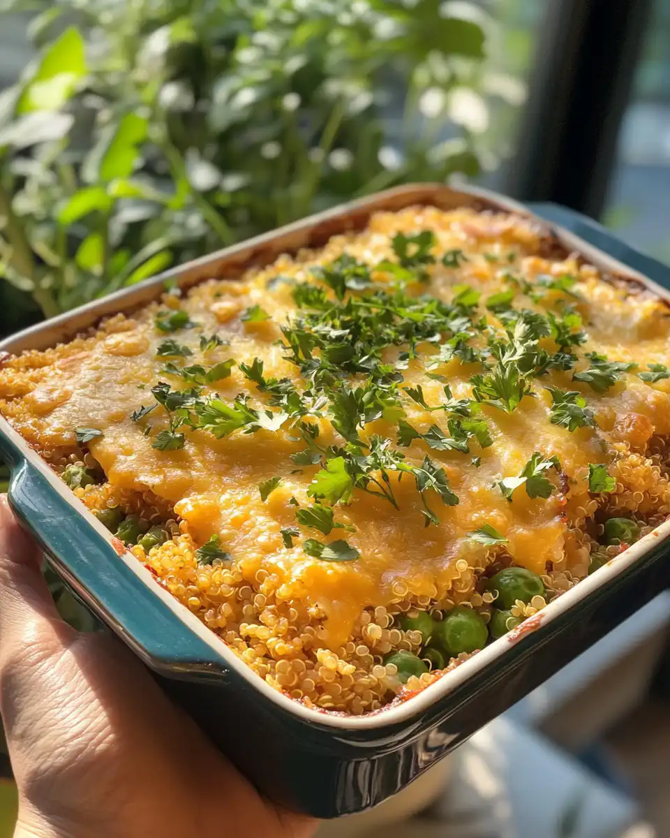 Golden bubbly cheesy quinoa vegetable bake ready to serve